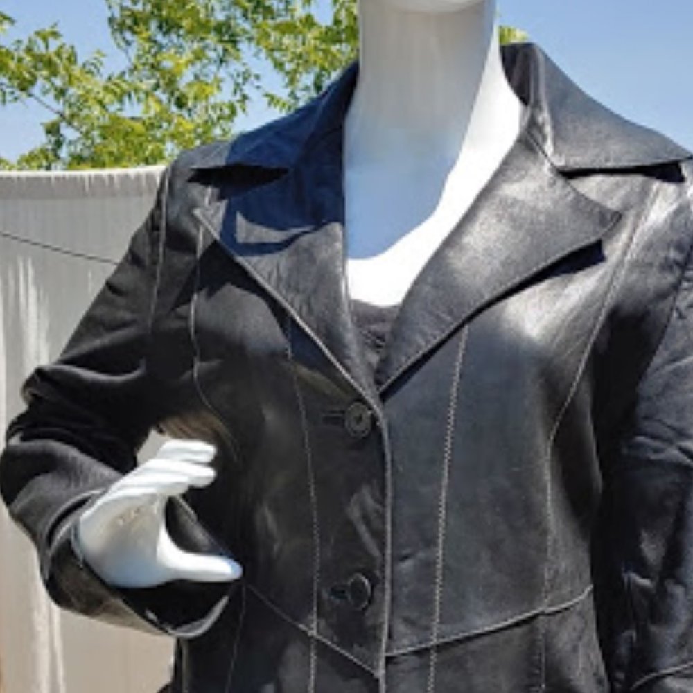 Guess - Long Black Leather Button Down Coat